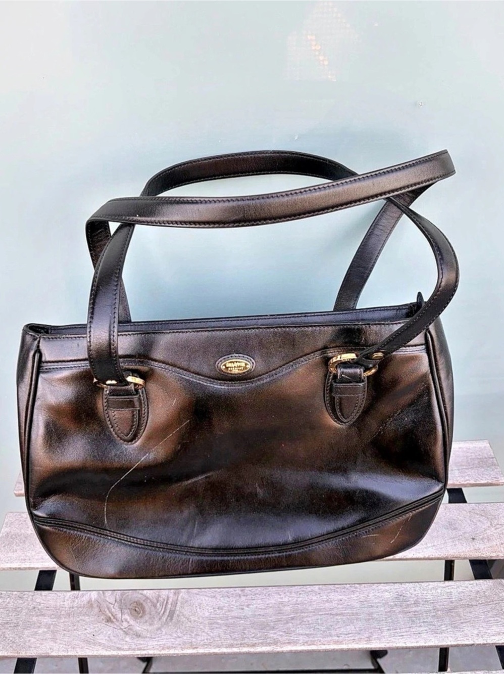 Vintage Gold Pfeil Black Leather Handbag Germany